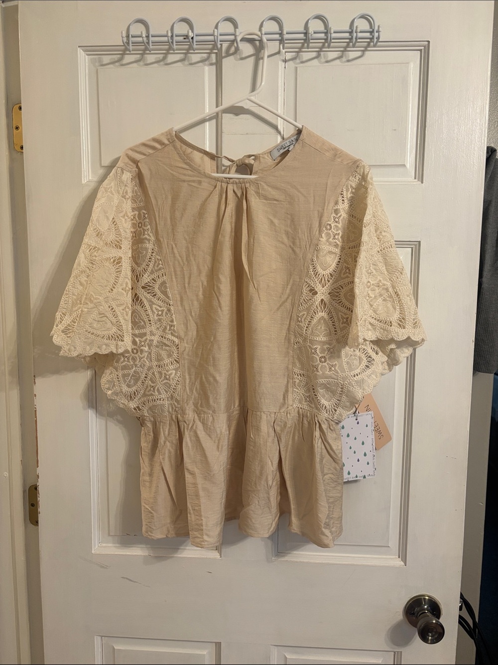 Sweet Rain light tan with  Lace Sleeve Peplum Blouse